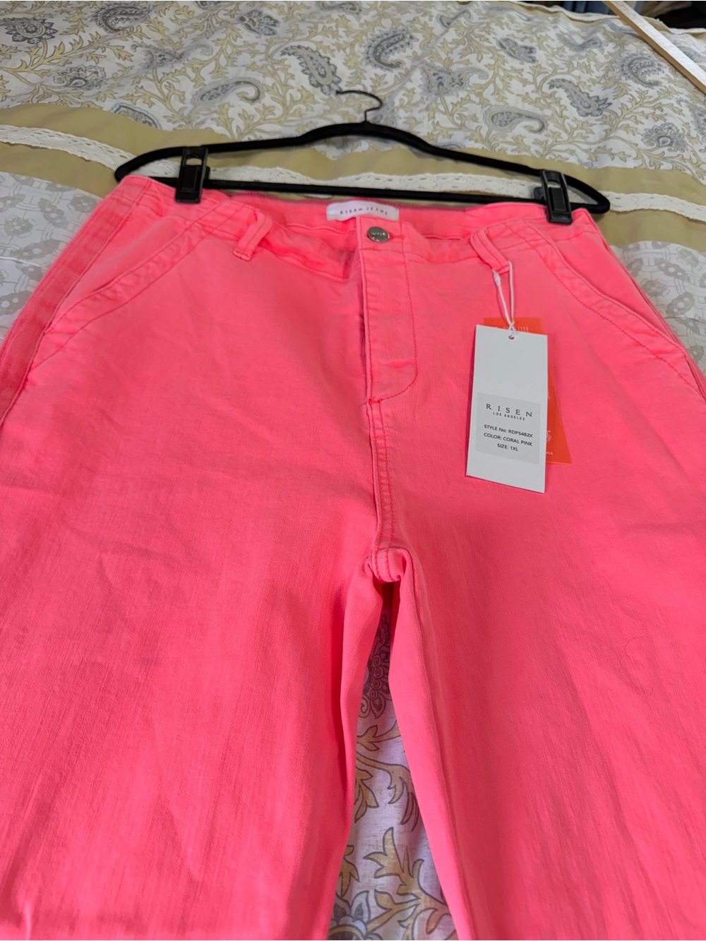 NWT Risen Jeans 1XL HOT Neon Coral Wide Leg Crop Pants High Rise Plus Size - Picture 4 of 10